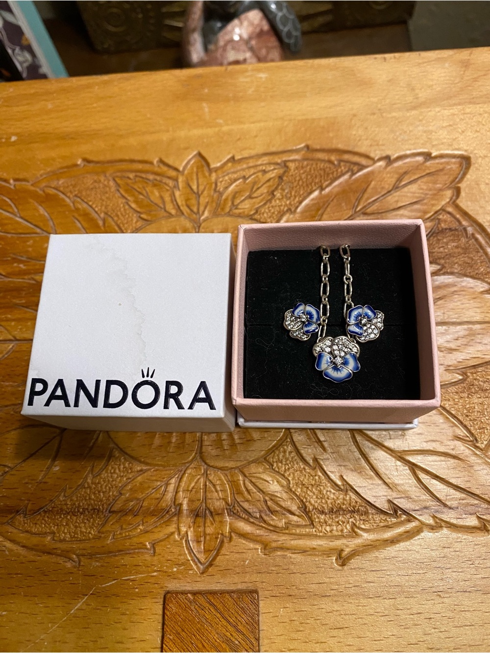 Pandora Blue Flower Necklace and Earrings Set with CZs